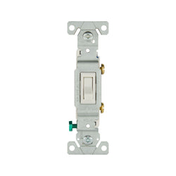 TOGGLE SWITCH COOPER BRAND WHITE SINGLE POLE WITH GROUNDING SCREW.