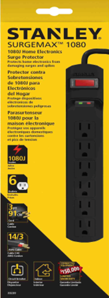 POWER STRIP STANLEY, BLACK, 6 OUTLET, 3FT CORD