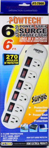POWER STRIP 6 OUTLET W INDIVIDUAL SWITCHES, 6FT CORD, 270 JOULES