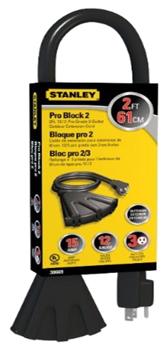 3 PRONG ! STANLEY 15' BLACK SLENDER CORD WITH 3 OUTLETS..UPC6 86140 31132 1