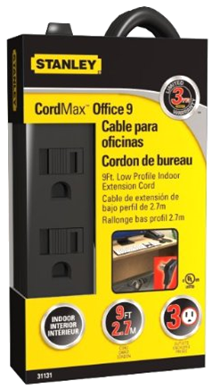 3 PRONG ! STANLEY 9' BLACK SLENDER CORD WITH 3 OUTLETS..UPC 6 86140 31131 4