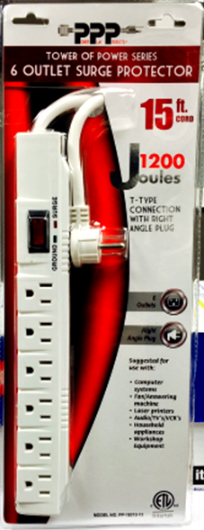 POWER STRIP 6 OUTLET, W/ 15 FT CORD, 1200 JOULES