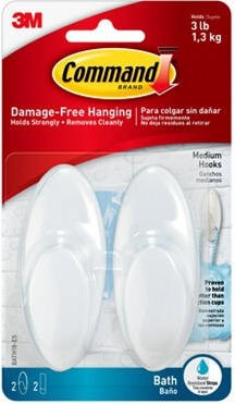COMMAND WHITE MEDIUM BATH HOOKS WITH WATER-RESISTANT STRIPS 2PK