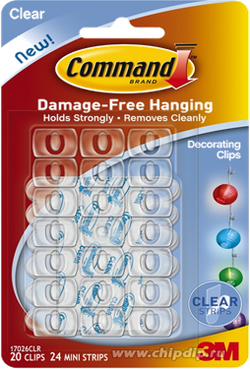 COMMAND CLEAR DECORATING CLIPS W/ CLEAR STRIPS 20PK