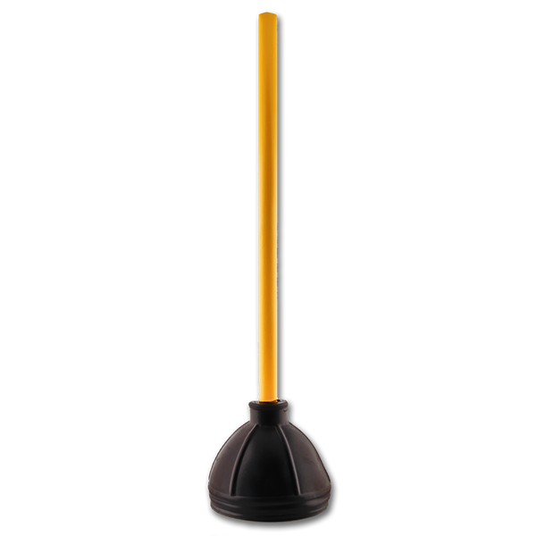 TOILET PLUNGER YELLOW WOOD HANDLE / BLACK WITH TAILPIECE