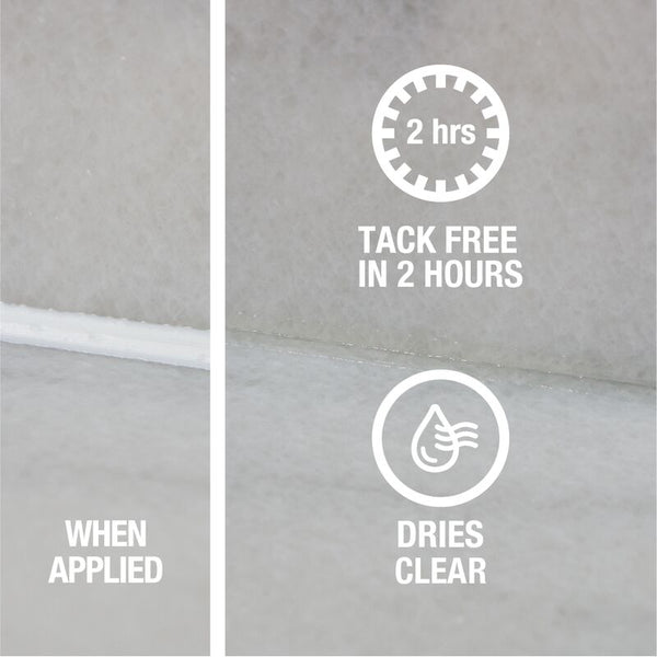 HB-30235 Oatey® 6oz. Tub-N-Tile Ultra Clear Sealant. Applies white and dries clear. Flexible butyl acrylate formula adheres to porous surfaces such as wood and masonry.