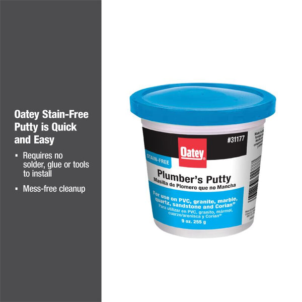 HB-31177 Oatey® 9oz. Stain-Free Plumber's Putty. Non-staining formula. Safe for ANY surface, including: Granite, Marble, Quartz, Sandstone, Corian®, Plastic or any natural, porous surface.