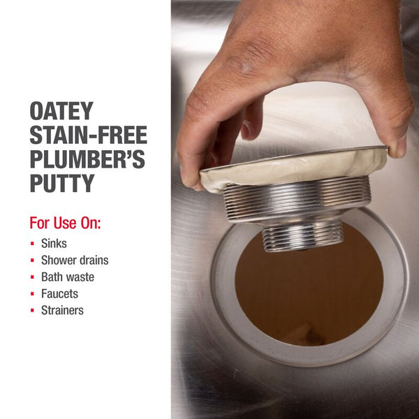 HB-31177 Oatey® 9oz. Stain-Free Plumber's Putty. Non-staining formula. Safe for ANY surface, including: Granite, Marble, Quartz, Sandstone, Corian®, Plastic or any natural, porous surface.