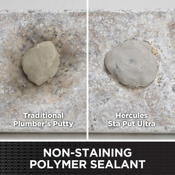 HB-25-171 Hercules® 14oz. Sta Put Ultra® Plumber's Putty. Non-staining polymer sealant. Safe for almost any natural porous surface including Granite, Marble, Quartz, Sandstone, Corian®.