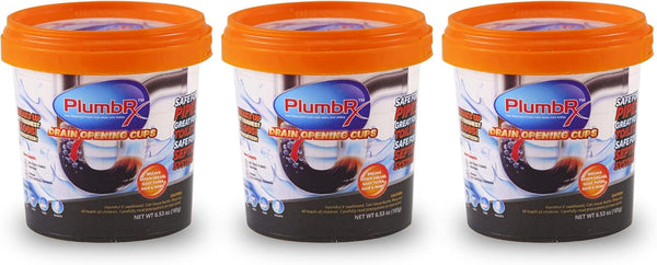 HB-CW24702 PlumbRx™ Drain Opening Cups. Each pack includes 3 pre-measured single-use powder cups. Includes a FREE Hair Grabbing Drain Tool Snake. Great for sinks, tubs, and toilet clogs.