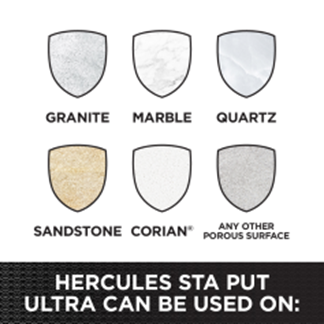 HB-25-171 Hercules® 14oz. Sta Put Ultra® Plumber's Putty. Non-staining polymer sealant. Safe for almost any natural porous surface including Granite, Marble, Quartz, Sandstone, Corian®.