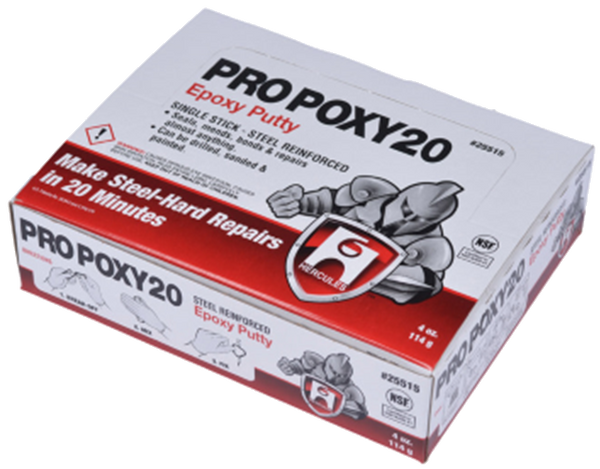 HB-25-515 Hercules® 4oz. ProPoxy®20 Epoxy Putty. Makes steel reinforced repairs in just 20 minutes.Seals, mends, bonds and repairs almost anything, even underwater. 12 per Display Pack