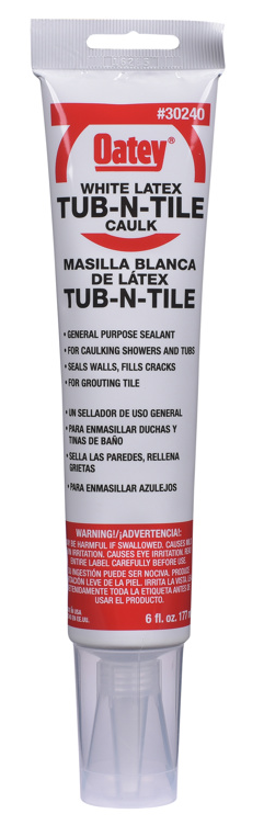 HB-30240 Oatey® 6oz. Tub-N-Tile Caulk. White, flexible, latex sealant. Fills and seals cracks and joints. For caulking around showers, tubs, lavatories and sinks.