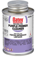 HB-30780 Oatey® 4oz. Purple Primer/Cleaner. Purple-tinted aggressive cleaner for use on PVC and CPVC pipe and fittings. Removes surface dirt, grease and grime for preparation before solvent cementing