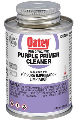 HB-30780 Oatey® 4oz. Purple Primer/Cleaner. Purple-tinted aggressive cleaner for use on PVC and CPVC pipe and fittings. Removes surface dirt, grease and grime for preparation before solvent cementing
