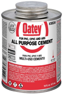 HB-30818 Oatey® 4oz. All Purpose Cement. Medium-bodied milky-clear cement for use on all schedules and classes of ABS, PVC and CPVC pipe and fittings up to 6" diameter& with interference fit