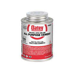 HB-30821 Oatey® 8oz. All Purpose Cement. Medium-bodied milky-clear cement for use on all schedules and classes of ABS, PVC and CPVC pipe and fittings up to 6" diameter&nbsp;with interference fit