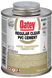 HB-31012 Oatey® 4oz. PVC Regular Clear Cement. Regular-bodied clear cement for use on all schedules and classes of PVC pipe and fittings up to 4" for Sch. 40 & up to 2" for Sch. 80