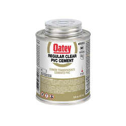HB-31013 Oatey® 8oz. PVC Regular Clear Cement Regular-bodied clear cement for use on all schedules and classes of PVC pipe and fittings up to 4" for Sch. 40 & up to 2" for Sch. 80