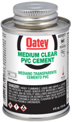 HB-31017 Oatey® 4oz. PVC Medium Clear Cement. Medium-bodied clear cement for use on all schedules and classes of PVC pipe and fittings up to 6" diameter with interference fit. Recommended for potable water, pressure pipe, conduit and DWV