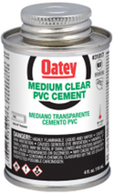 HB-31017 Oatey® 4oz. PVC Medium Clear Cement. Medium-bodied clear cement for use on all schedules and classes of PVC pipe and fittings up to 6" diameter with interference fit. Recommended for potable water, pressure pipe, conduit and DWV