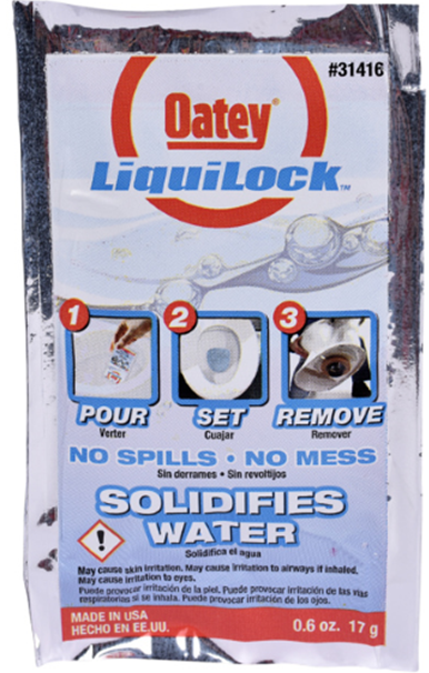 HB-31416 Oatey® 0.6oz Liquilock™ Water Absorbing Crystals. Solidifies water for easy toilet removal. Gel forms in 4 minutes. Simply flush gel away once toilet is reset.