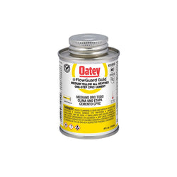 HB-31910 Oatey® 4oz. CPVC All Weather FlowGuard Gold®* 1-Step Yellow Cement. For copper tube size (CTS) CPVC hot and cold potable water pipe and fittings up to 2" diameter interference fit. For cold water systems and hot water systems up to 200°F / 93°C