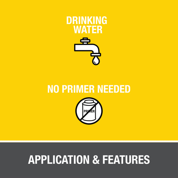 HB-31910 Oatey® 4oz. CPVC All Weather FlowGuard Gold®* 1-Step Yellow Cement. For copper tube size (CTS) CPVC hot and cold potable water pipe and fittings up to 2" diameter interference fit. For cold water systems and hot water systems up to 200°F / 93°C