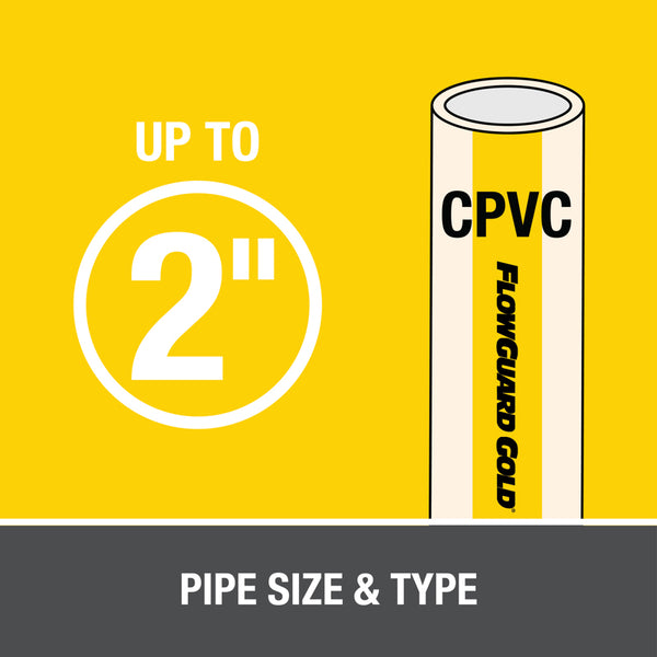 HB-31910 Oatey® 4oz. CPVC All Weather FlowGuard Gold®* 1-Step Yellow Cement. For copper tube size (CTS) CPVC hot and cold potable water pipe and fittings up to 2" diameter interference fit. For cold water systems and hot water systems up to 200°F / 93°C
