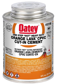 HB-32-166 Oatey® 8oz. CPVC Orange Lava Hot Cut-In Cement. Very fast setting "Hot" cement, 25-50% faster than other CPVC cement. No primer needed on non-pressure DWV, where local codes permit.