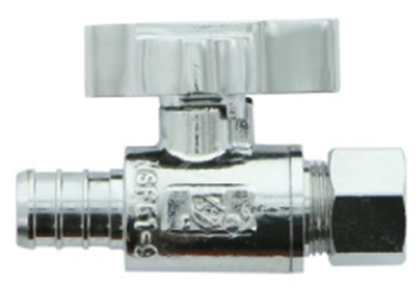 HB-3703A-(#G5) 1/4 Turn PEX Straight Supply Stop Valve, 5/8" OD x 1/2" CTS x 3/8" Chrome Plated Brass (Lead-Free)(PL10388)(661005)