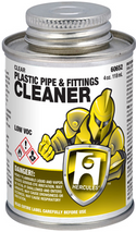 HB-60652 Hercules® 4oz. Clear Plastic Pipe & Fittings Cleaner. Fast acting formula removes foreign matter and dirt from ABS, PVC and CPVC pipe and fittings