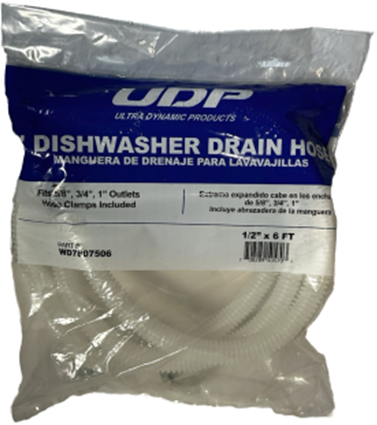 HB-WD7807506-1/2" x 78" Plastic Dishwasher Drain Hose, Outlet Connections: 5/8", 3/4" &amp; 1" . Kink Resistant and crushproof