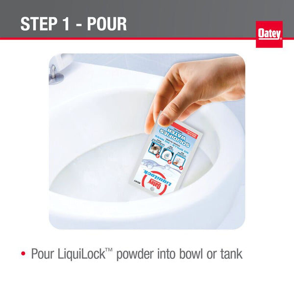 HB-31416 Oatey® 0.6oz Liquilock™ Water Absorbing Crystals. Solidifies water for easy toilet removal. Gel forms in 4 minutes. Simply flush gel away once toilet is reset.