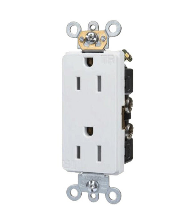 DECORA DUPLEX RECEPTACLE 15A 125V, TAMPER RESISTANT, SELF GROUNDING. WHITE