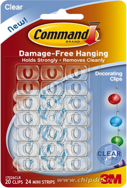 COMMAND CLEAR DECORATING CLIPS W/ CLEAR STRIPS 20PK