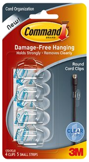 COMMAND CLEAR ROUND CORD CLIPS W/ CLEAR STRIPS, 4PK